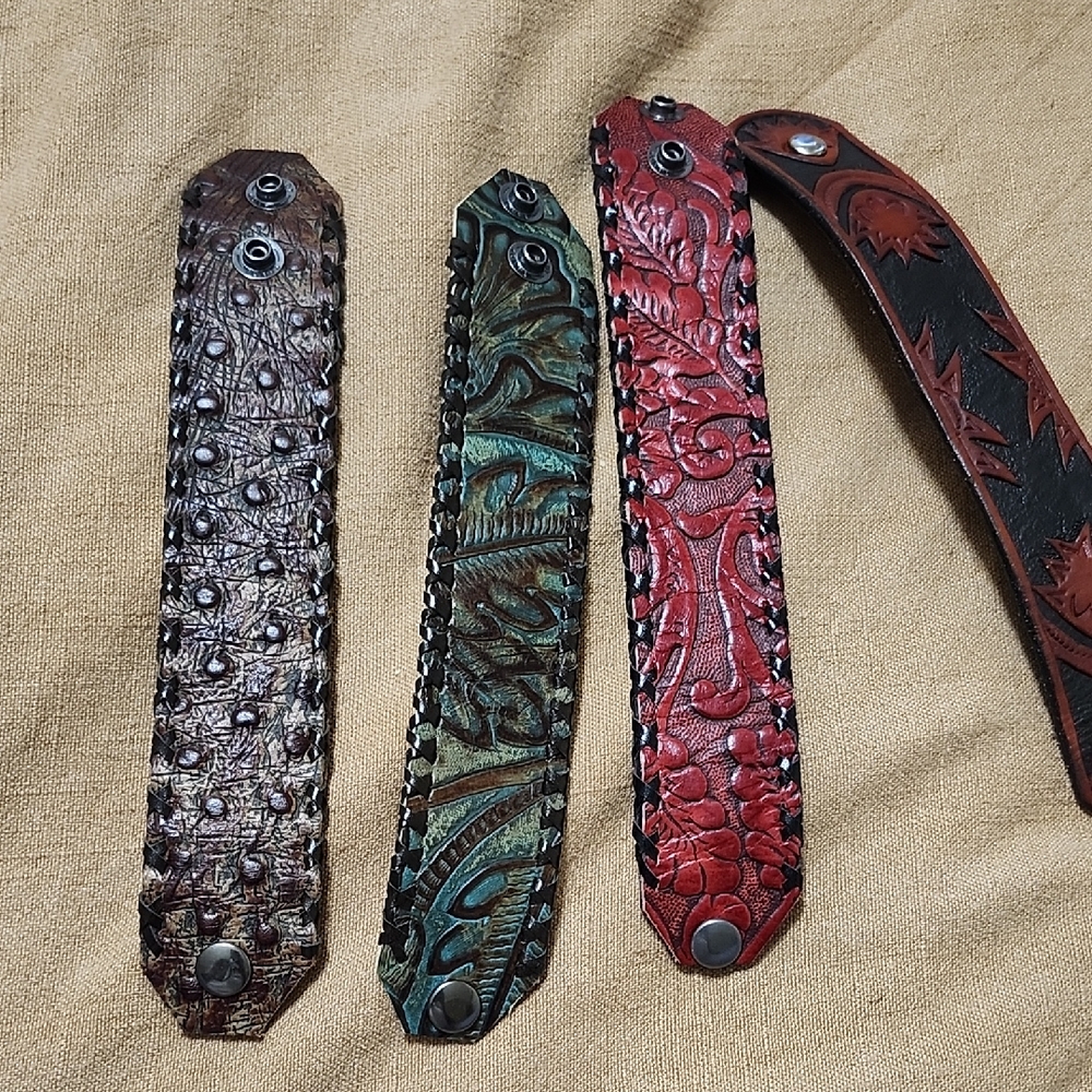 Handcrafted Leather Bracelets Set - Brown, Green, Red
